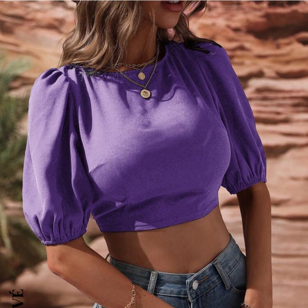 Solid Color Cross Tied Back Puff Sleeve Cropped Shirt